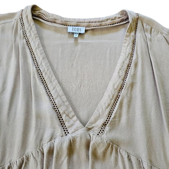 TOBI Beige Women's Boho V Neck Tunic Top Embroidery Lace edging size M - Picture 2 of 10